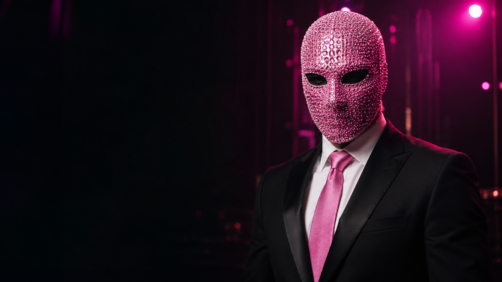 DjTriTop in a black suit, white shirt, pink tie and crystal-covered pink rave mask